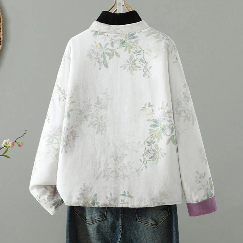 Buddha Stones Women's Printing Flower Pattern Long Sleeve Frog-buttons Cotton Jacket