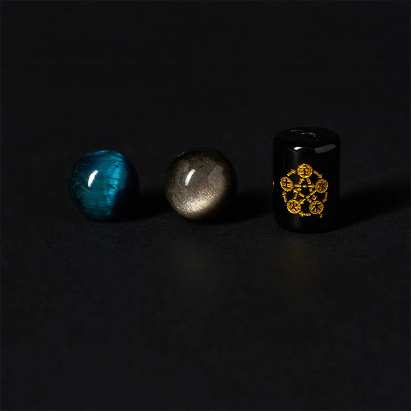 Buddha Stones Silver Sheen Obsidian Blue Tiger Eye Black Onyx Five Elements Protection Bracelet