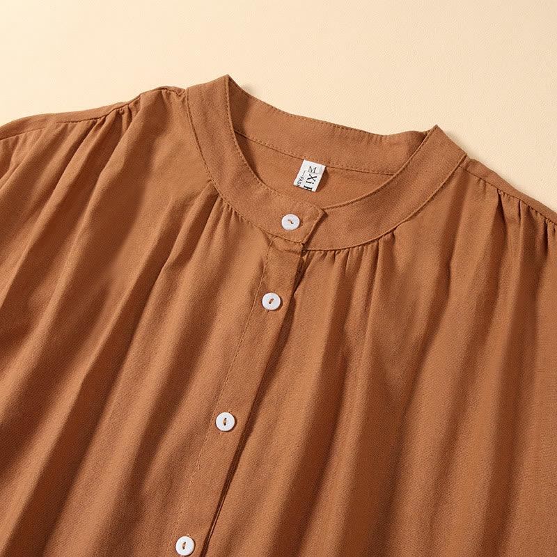 Buddha Stones Summer Solid Color Stand Collar A-line Design Short Sleeve Midi Dress