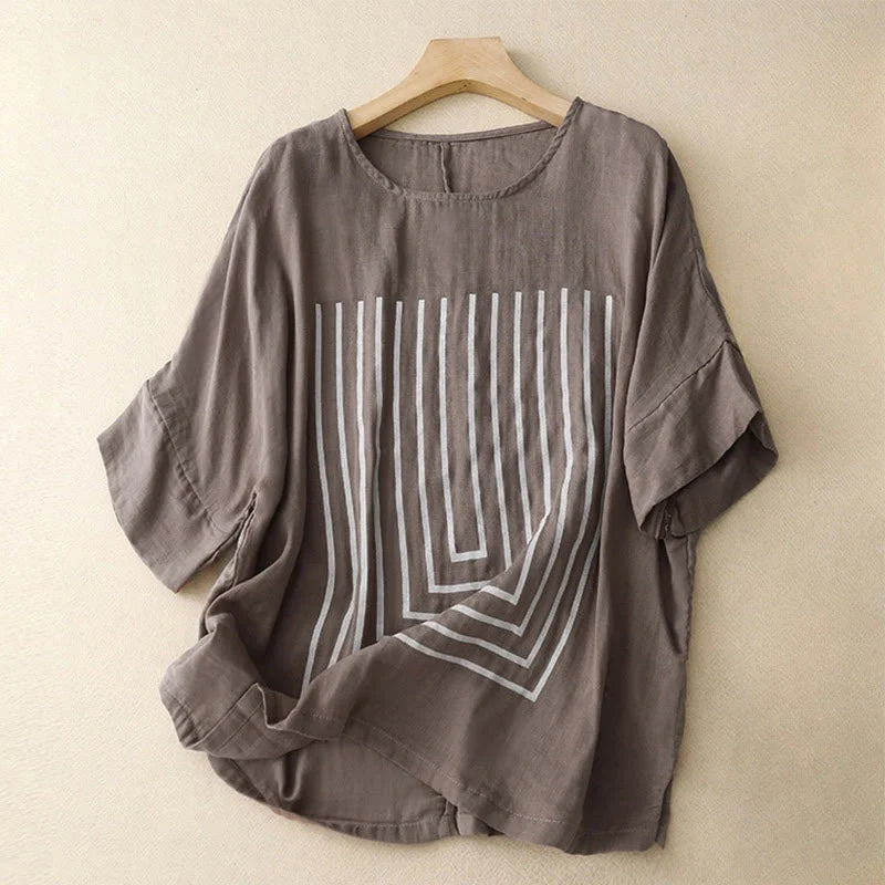 Buddha Stones Casual Line Printing Pattern Short Sleeve Cotton Linen Women's T-Shirt