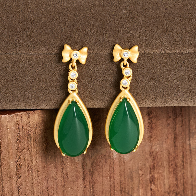 Buddha Stones Waterdrop Design Green Jasper Copper Plated Gold Balance Earrings