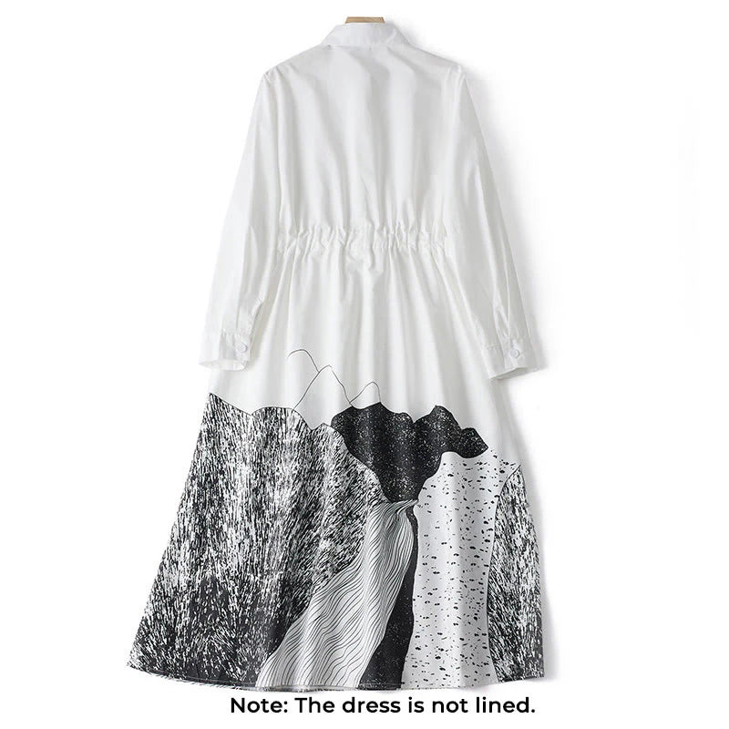 Buddha Stones Printing Irregular Lines Long Sleeve Lace-up Lapel Cotton Midi Dress With Pockets