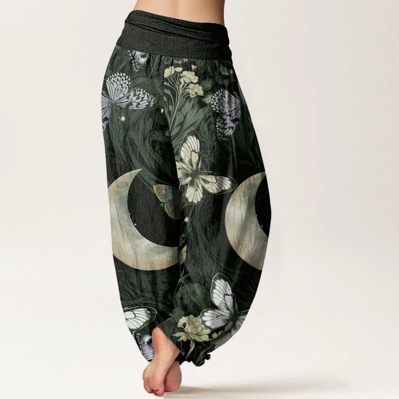 Buddha Stones Cotton Butterfly Flowers Crescent Moon Pattern Design Women's Elastic Waist Harem Pants