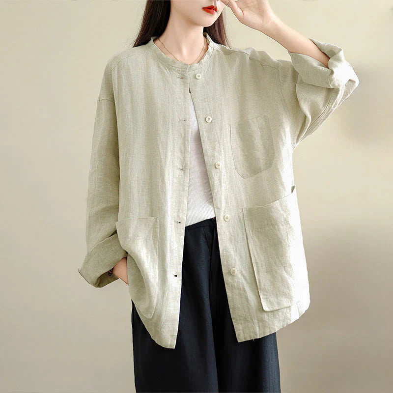 Buddha Stones Spring Crew Neck Long Sleeve Plain Women's Cotton Buttons Shirt With Pockets