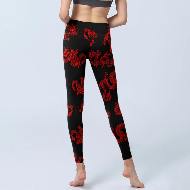 Buddha Stones Red Dragon Pattern Gym Leggings Women's Yoga Pants