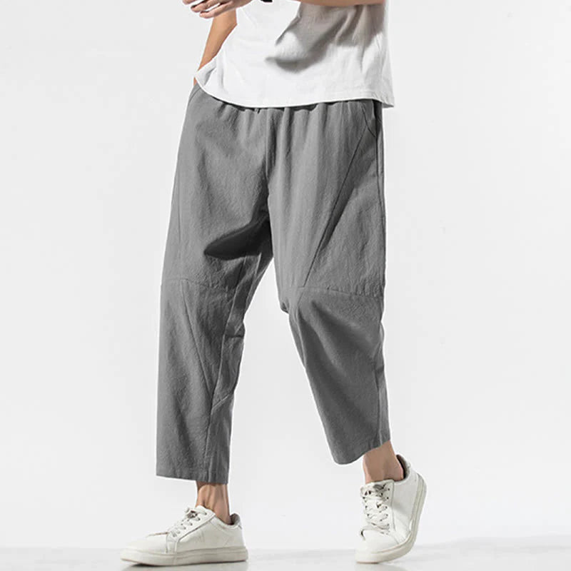 Buddha Stones Vintage Jacquard Solid Color Drawstring Cotton Linen Men's Harem Pants With Pockets