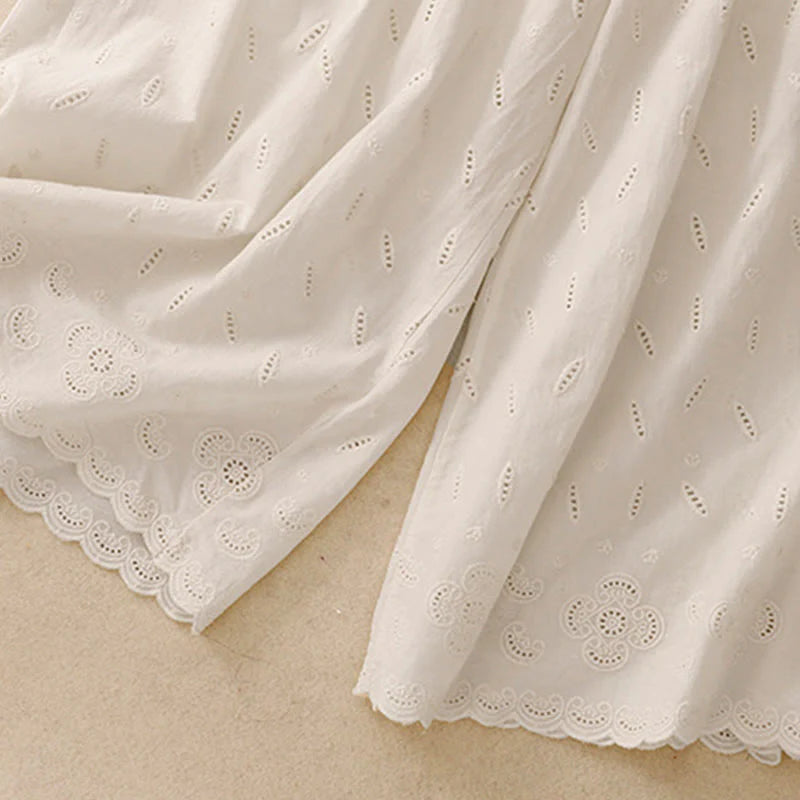 Buddha Stones Summer Vintage Embroidery Lace Hem Patchwork Design Women's Wide Leg Cotton Pants With Pockets