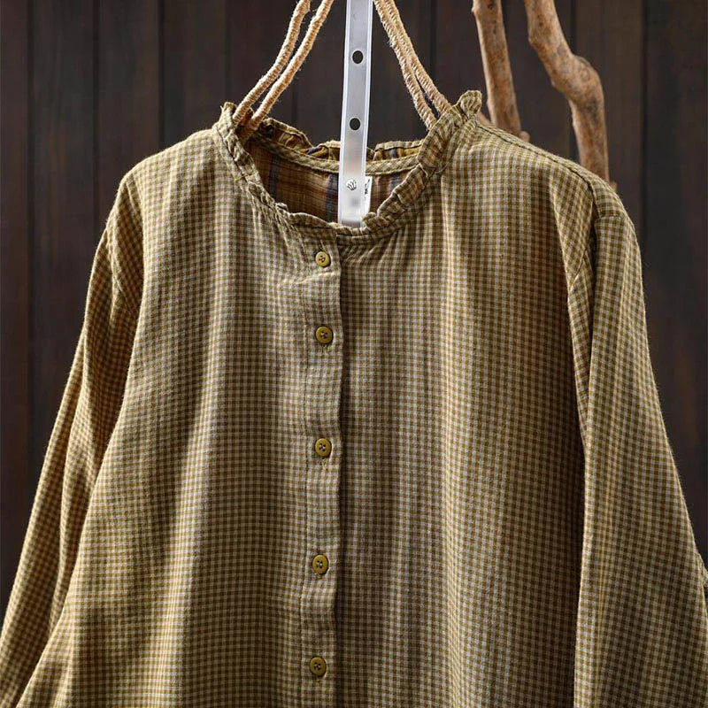 Buddha Stones Fall Tiny Plaid Button Down Ruffle Collar Long Sleeve Women's Cotton Shirt
