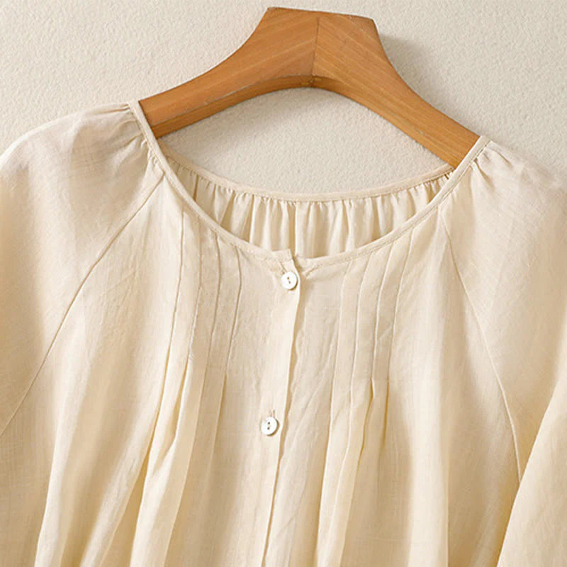 Buddha Stones Plain Button Crew Neck Three Quarter Sleeve Women's Cotton Shirt