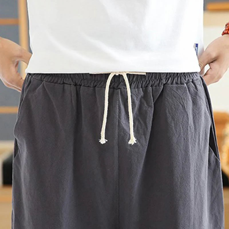 Buddha Stones Spring Casual Embroidery Drawstring Men's 7-8 Length Cotton Linen Harem Pants With Pockets