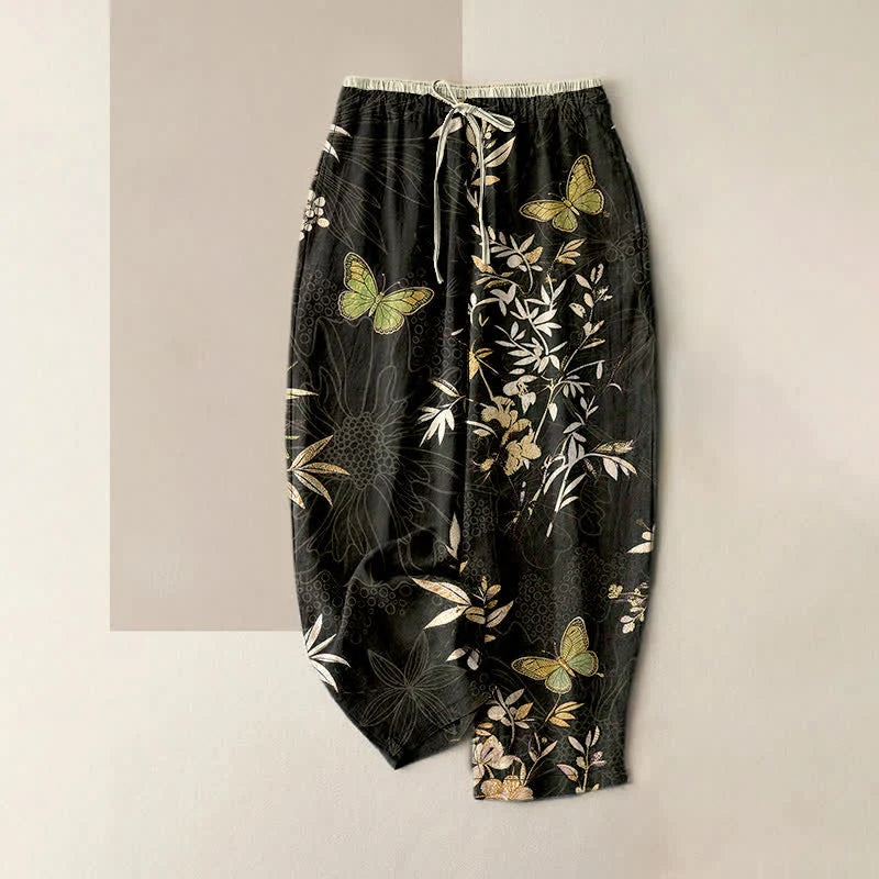 Buddha Stones Pure Cotton Butterfly leaves Flowers Pattern Drawstring Colorful Women's Pants With Pockets