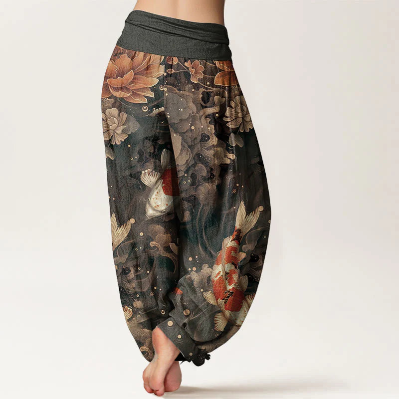 Buddha Stones Cotton Colorful Koi Fish Lotus Flowers Design Women's Elastic Waist Harem Pants