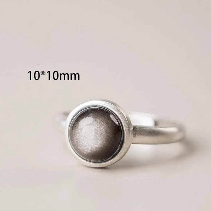 Buddha Stones Natural 925 Sterling Silver Silver Sheen Obsidian Adjustable Protection Ring