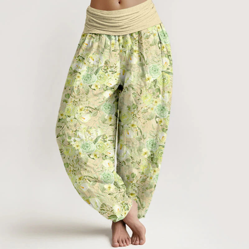 Buddha Stones Cotton Pastoral Flower Pattern Women's Elastic Waist Harem Pants