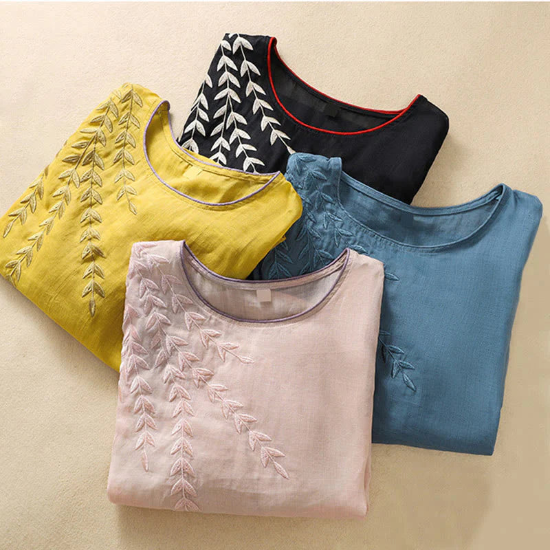 Buddha Stones Embroidery Leaves Women's Cotton Linen Half Sleeve T-shirt
