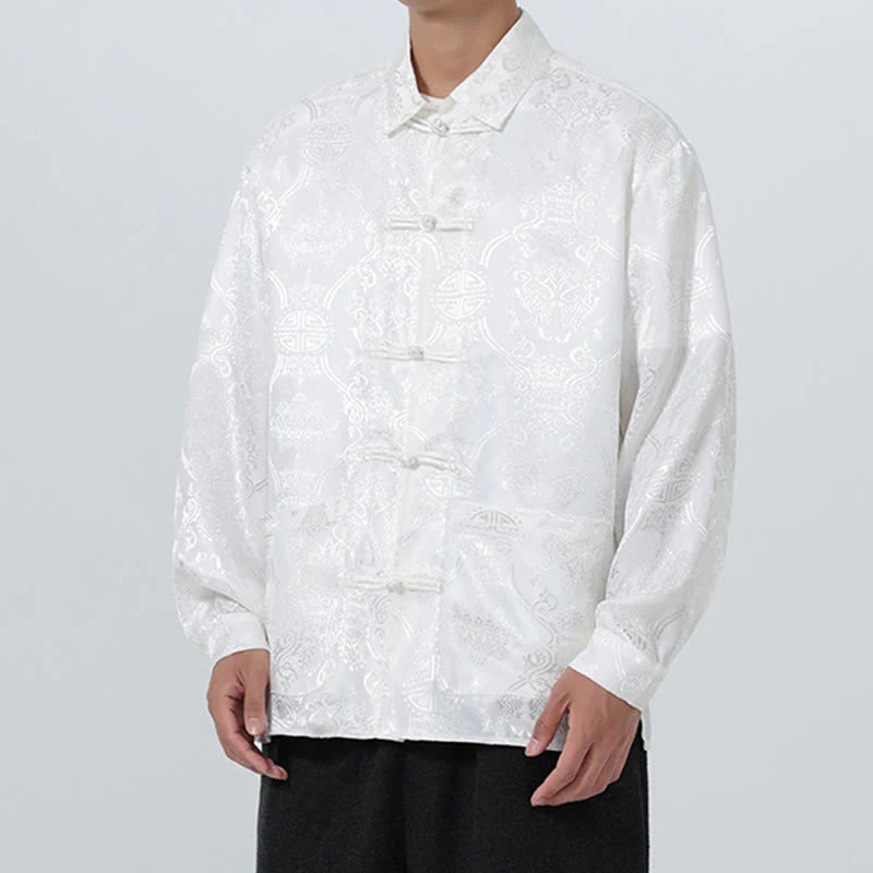 Buddha Stones Spring Jacquard Lapel Long Sleeve Men's Tang Suit Frog-Button Jacket With Pockets