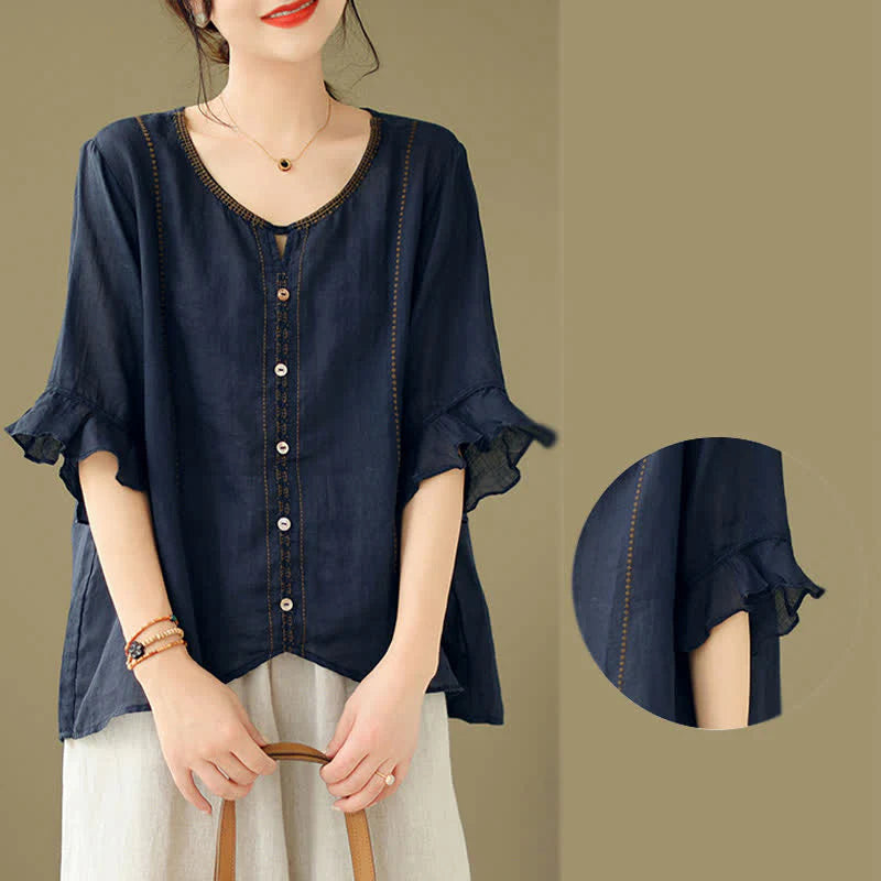 Buddha Stones Embroidery Buttons Crew Neck Flared Short Sleeve Women's Shirt