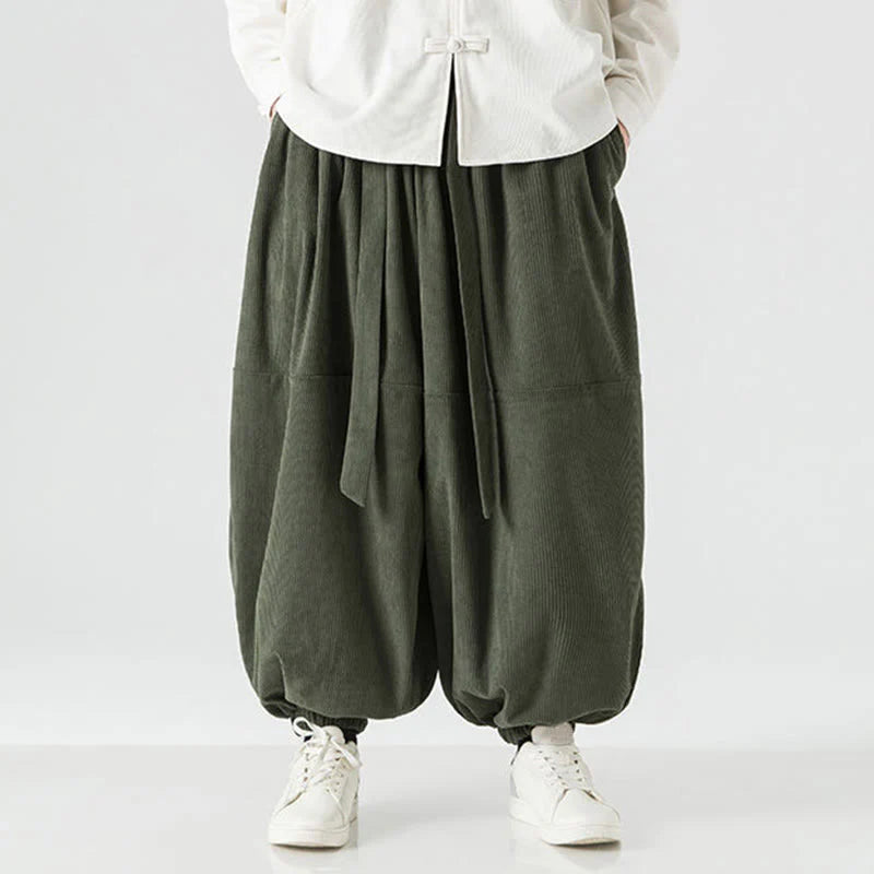 Buddha Stones Winter Solid Color Men's Harem Pure Cotton Corduroy Pants With Pockets