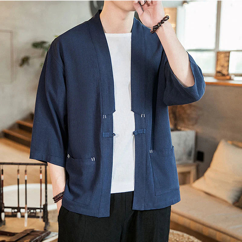 Buddha Stones Plain Chinese Frog-Button Jacket Cotton Linen Men's Three Quarter Sleeve Kimono