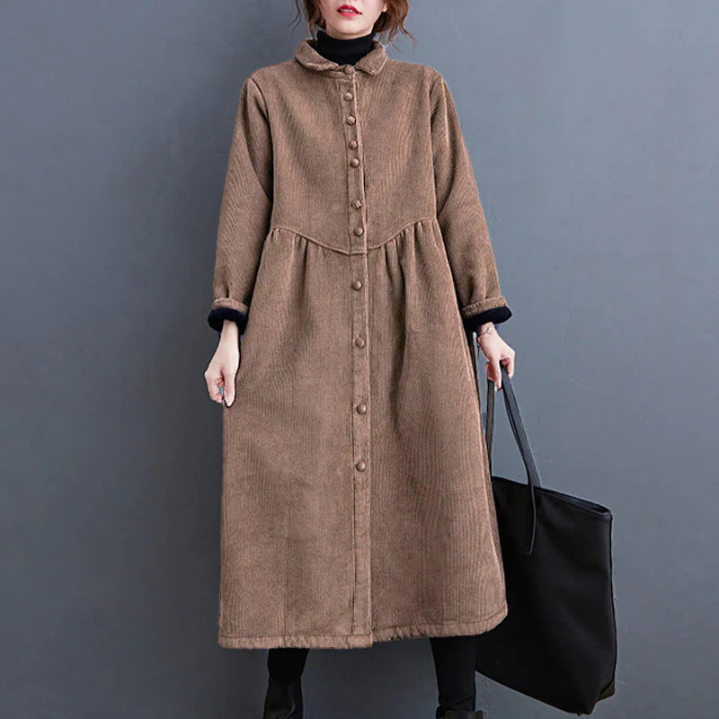 Buddha Stones Plain Buttons Long Sleeve Women's Cotton Corduroy Fleece-Lined Coat With Pockets