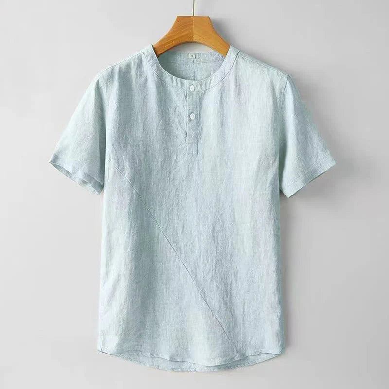 Buddha Stones Summer Men's Solid Color Button Short Sleeve Cotton Linen Shirt
