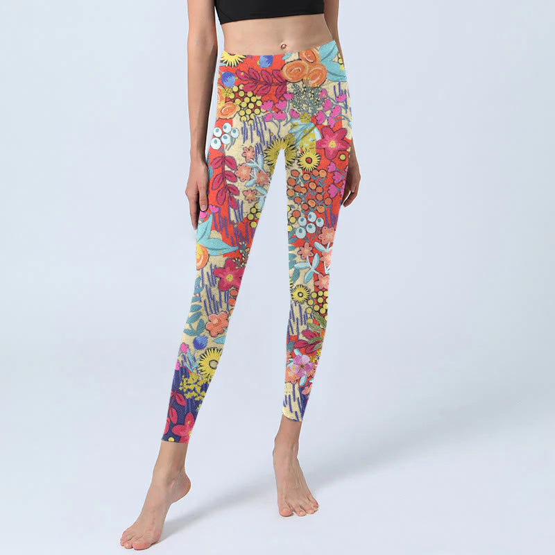 Buddha Stones Colorful Flowers Leaves Print Gym Fitness Leggings Women's Yoga Pants