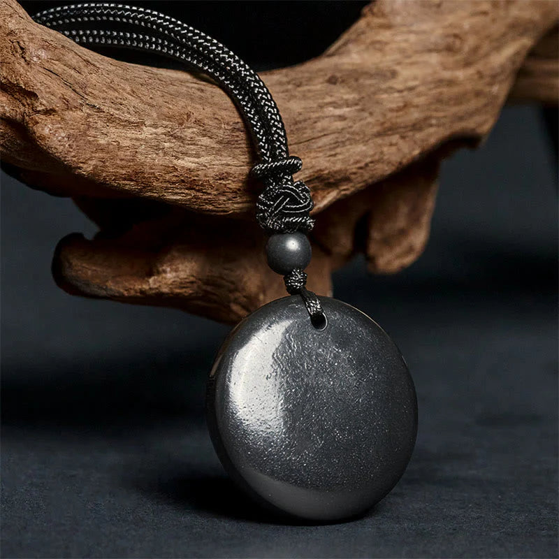 Buddha Stones Geometric Round Authentic Shungite Stone Rope Inner Strength Necklace Pendant