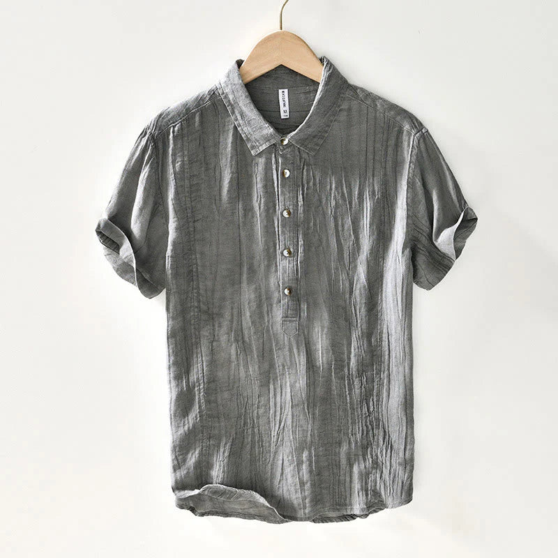 Buddha Stones Causal Plain Lapel Ramie Linen Half Button Men's Shirt