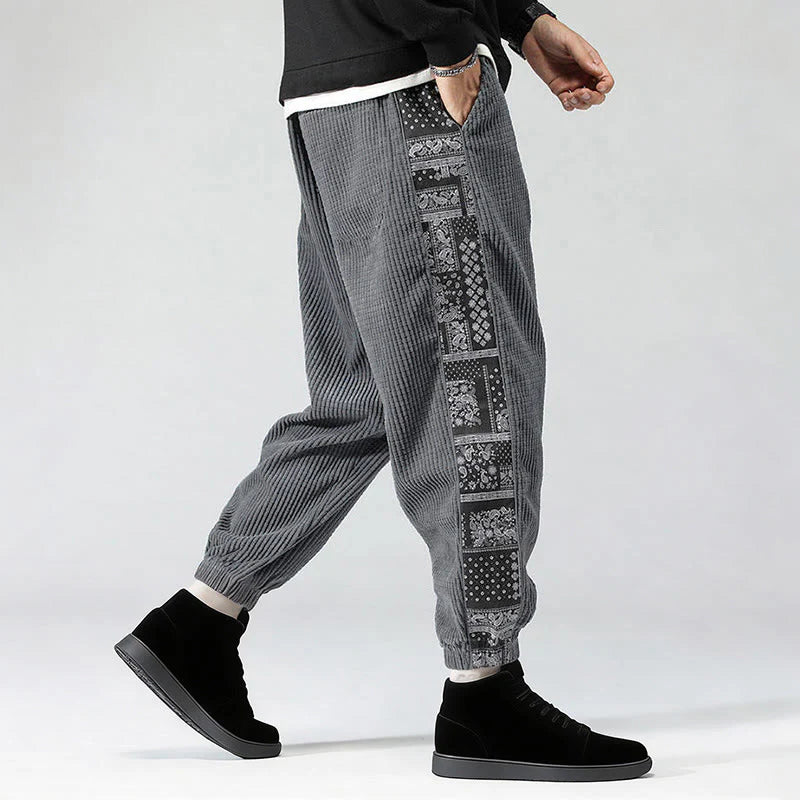 Buddha Stones Fall Solid Drawstring Side Paisley Pattern Straight Leg Ankle-length Corduroy Men's Pants With Pockets