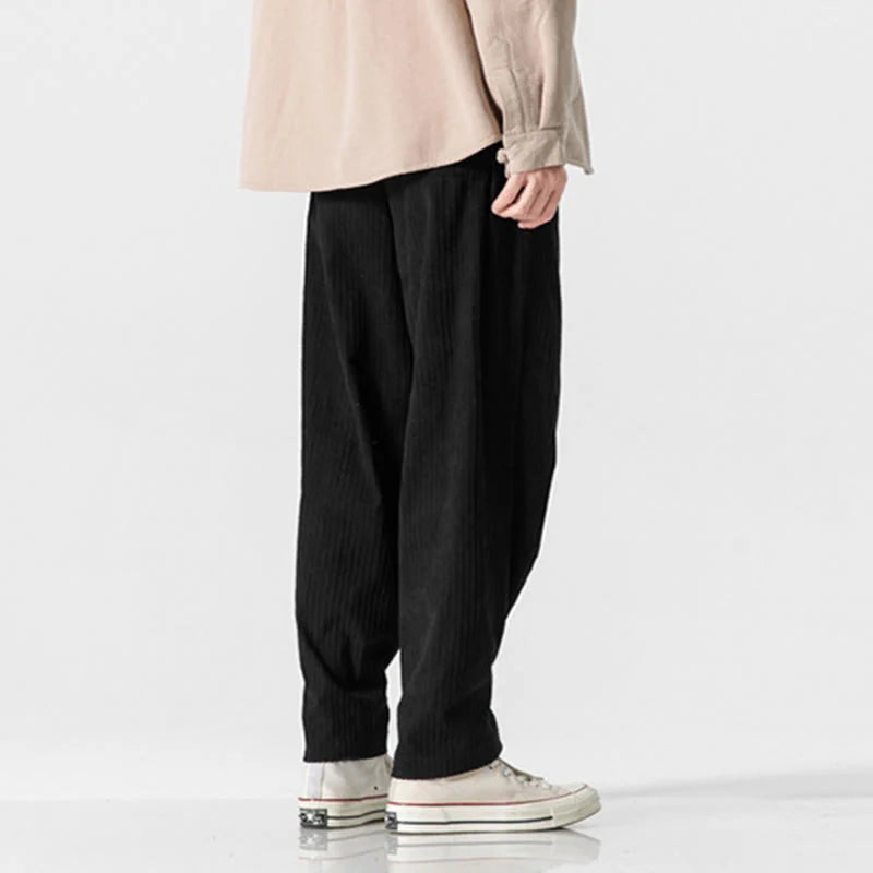 Buddha Stones Fall Winter Men's Pure Color Button Design Cotton Straight Leg Pants With Pockets
