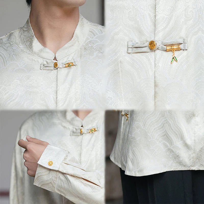 Buddha Stones Chinese Frog-Button Bamboo Shape Design Stand Collar Men's Long Sleeve Shirt