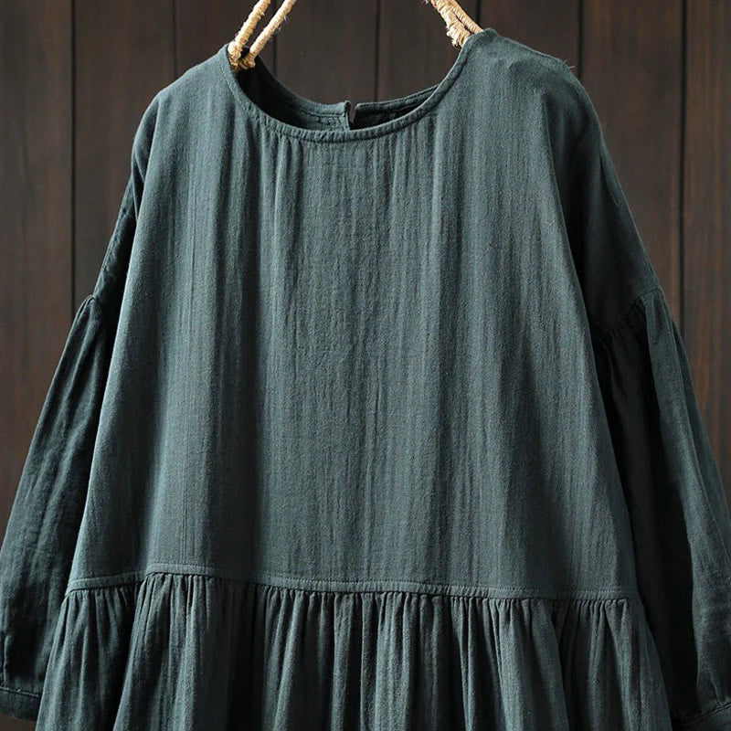 Buddha Stones Summer Solid Color Crew Neck Half Sleeve Cotton Midi Dress With Pockets