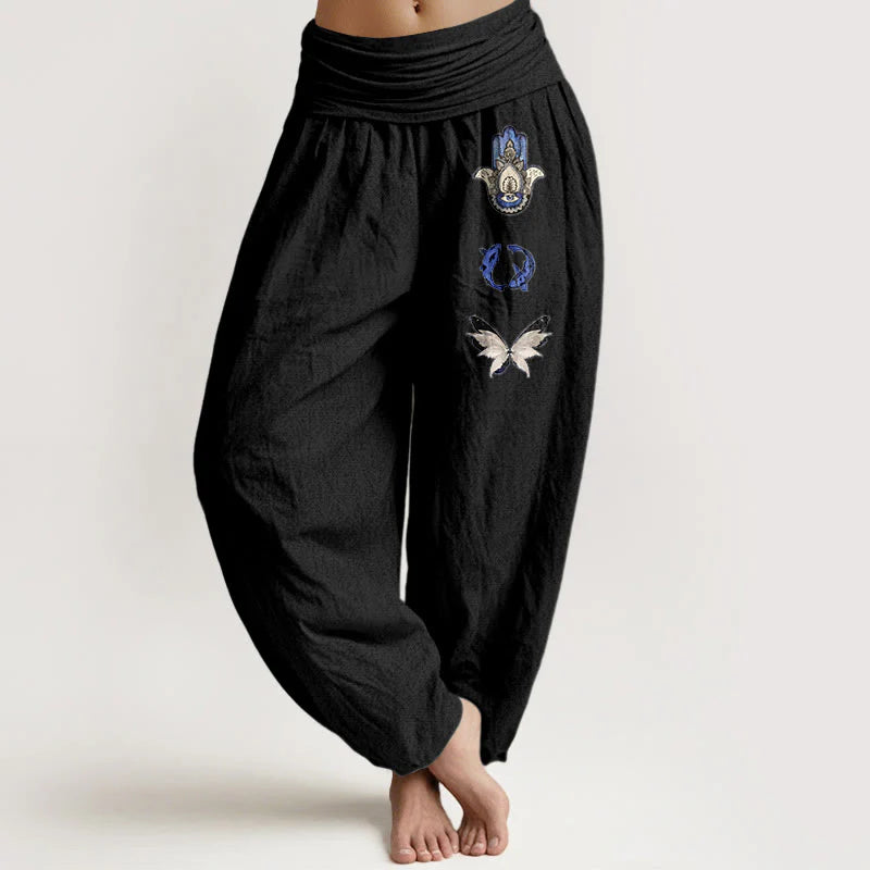 Buddha Stones Pure Cotton Hamsa's Hand Koi Fish Butterfly Pattern Women's Elastic Waist Harem Pants