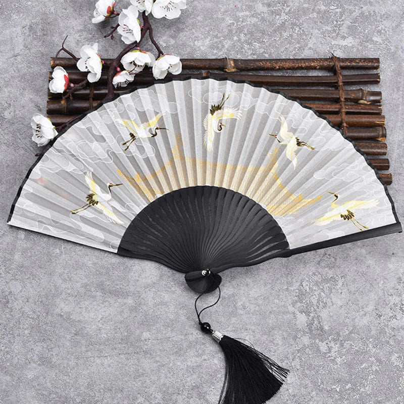 Buddha Stones Cranes Auspicious Clouds Solid Color Gradient Handheld Cotton Linen Fabric Bamboo Folding Fan