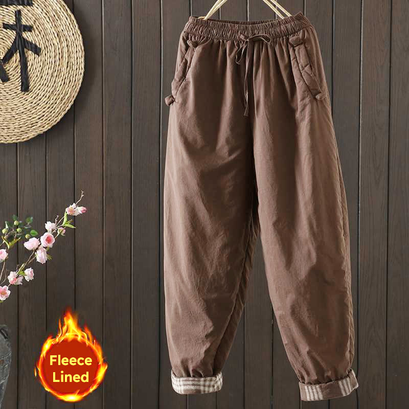Buddha Stones Women's Winter Drawstring Fleece-Lined Thermal Harem Pants With Pockets