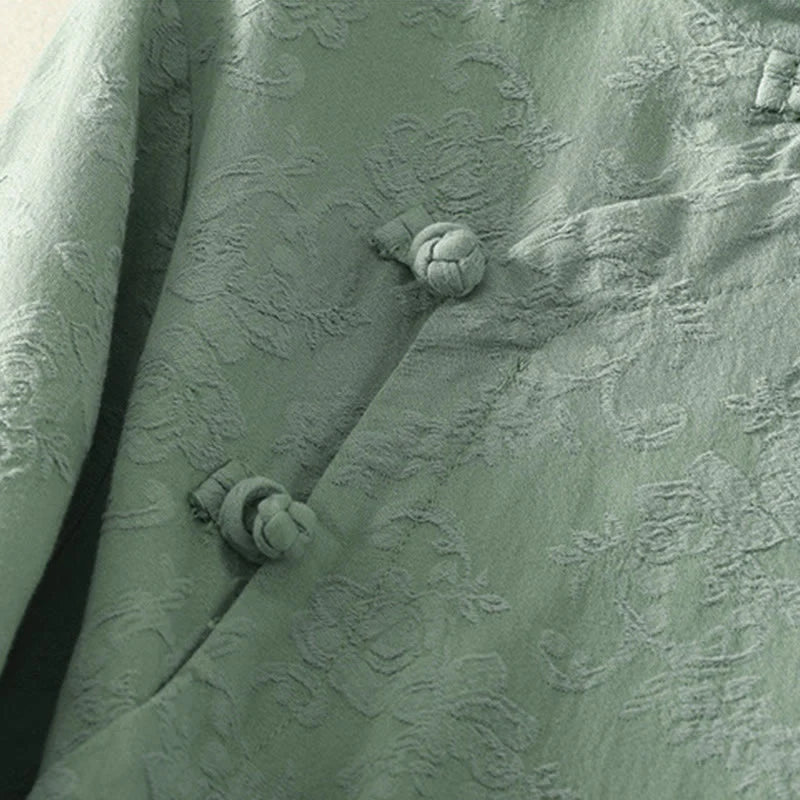 Buddha Stones Jacquard Diagonal Placket Long Sleeve Women's Cotton Linen Buttons Shirt