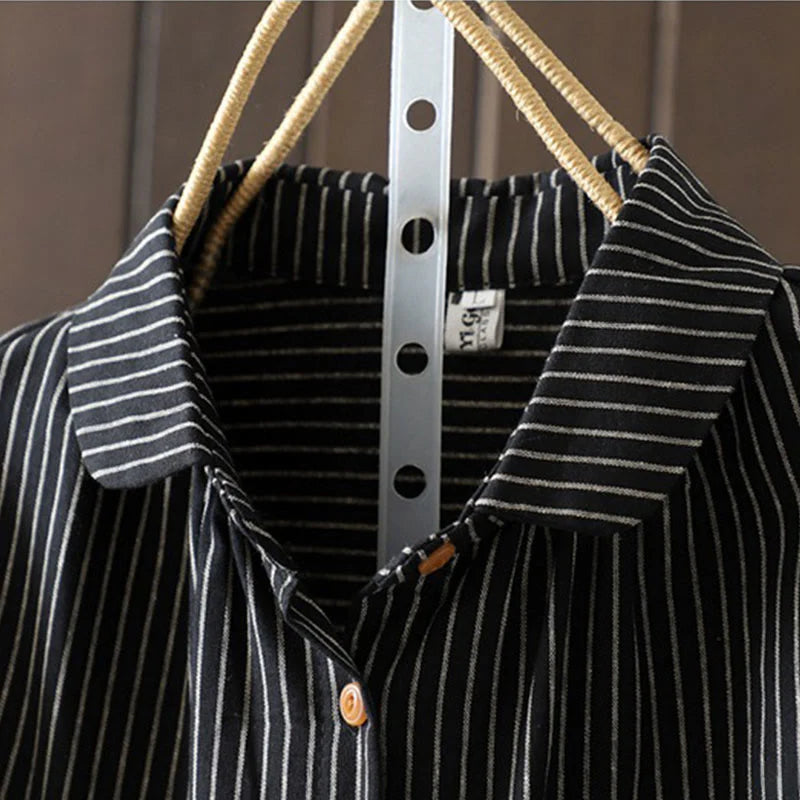 Buddha Stones Fall Stripe Stand Collar Buttons Women's Long Sleeve Shirt With Pocket