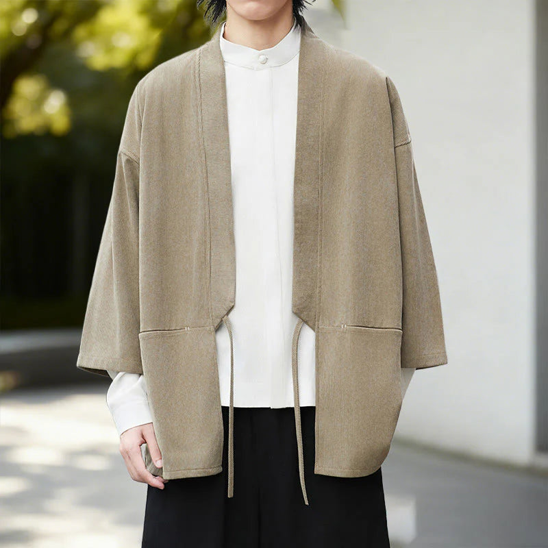 Buddha Stones Fall Solid Color White Men's Long Sleeve Cotton Linen Shirt Corduroy Kimono