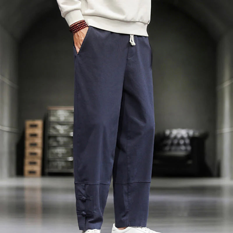 Buddha Stones Drawstring Elastic Waist Frog-Button Ankle-Length Men's Cotton Pants With Pockets