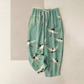 Buddha Stones Pure Cotton Crane Cloud Pattern Women's Elastic Waist Pants With Pockets