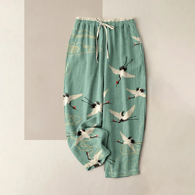 Buddha Stones Pure Cotton Crane Cloud Pattern Women's Elastic Waist Pants With Pockets