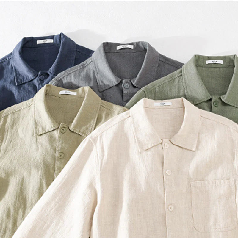 Buddha Stones Commute Fall Solid Color Lapel Men's Long Sleeve Cotton Linen Shirt With Pocket