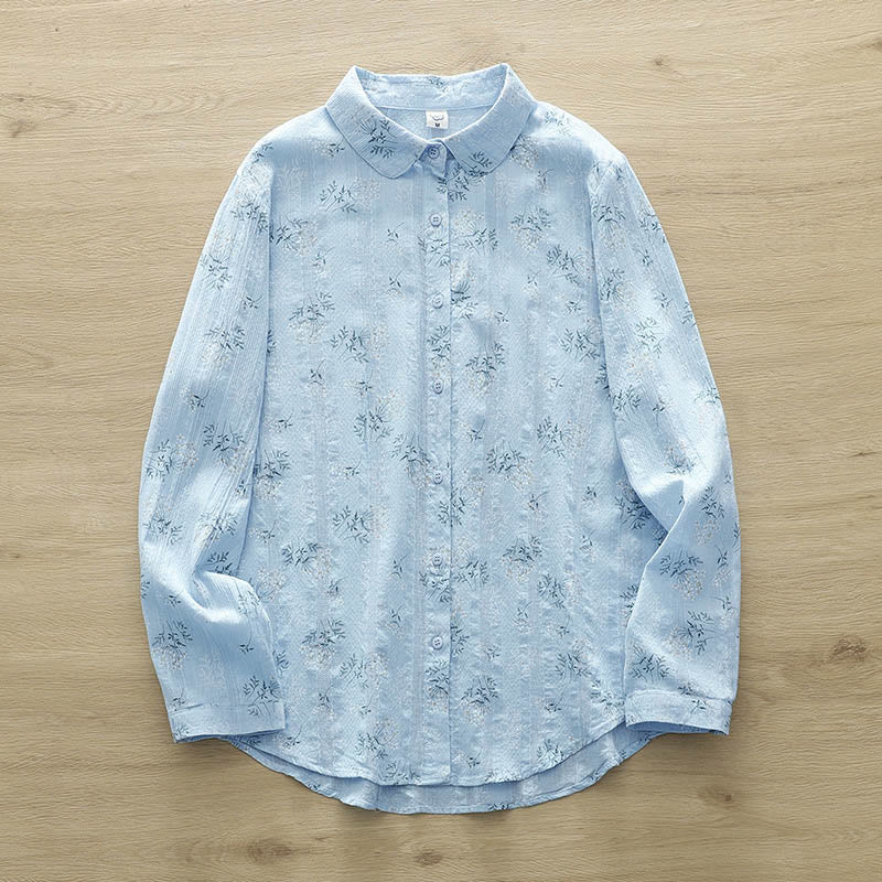 Buddha Stones Fall White Yellow Flowers Green Leaves Buttons Women's Cotton Long Sleeve Shirt