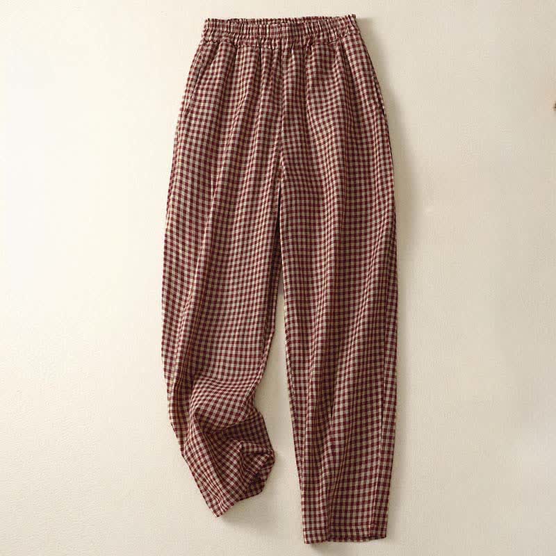 Buddha Stones Summer Plaid Elastic Waist Cropped Women's Tapered Pants With Pockets