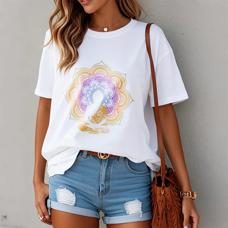 Buddha Stones Multicolor Mandala Flower Seated Buddha Pattern Tee T-shirt