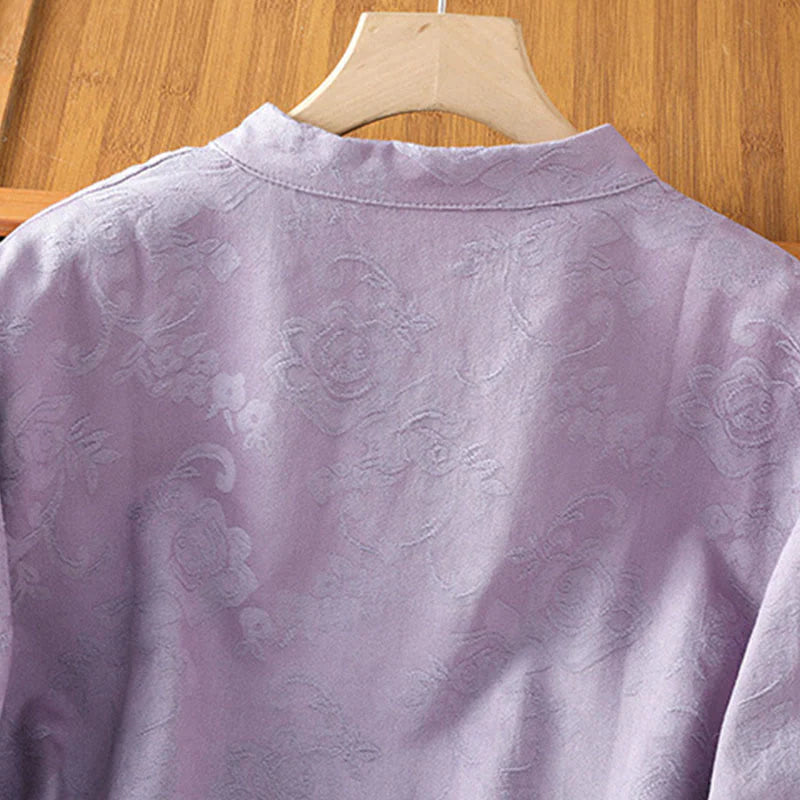 Buddha Stones Fall Jacquard Floral Print Frog-Button Stand Collar Long Sleeve Women's Cotton Shirt