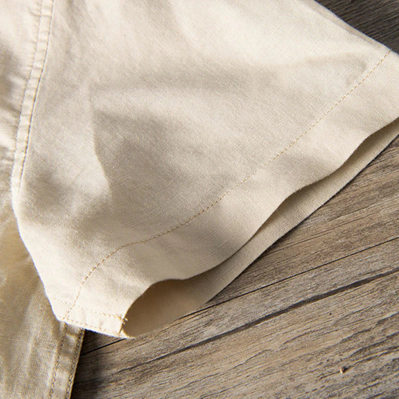 Buddha Stones Casual Daily Simple Buttons Design Stand Collar Men's Short Sleeve Cotton Linen Shirt With Front Pockets