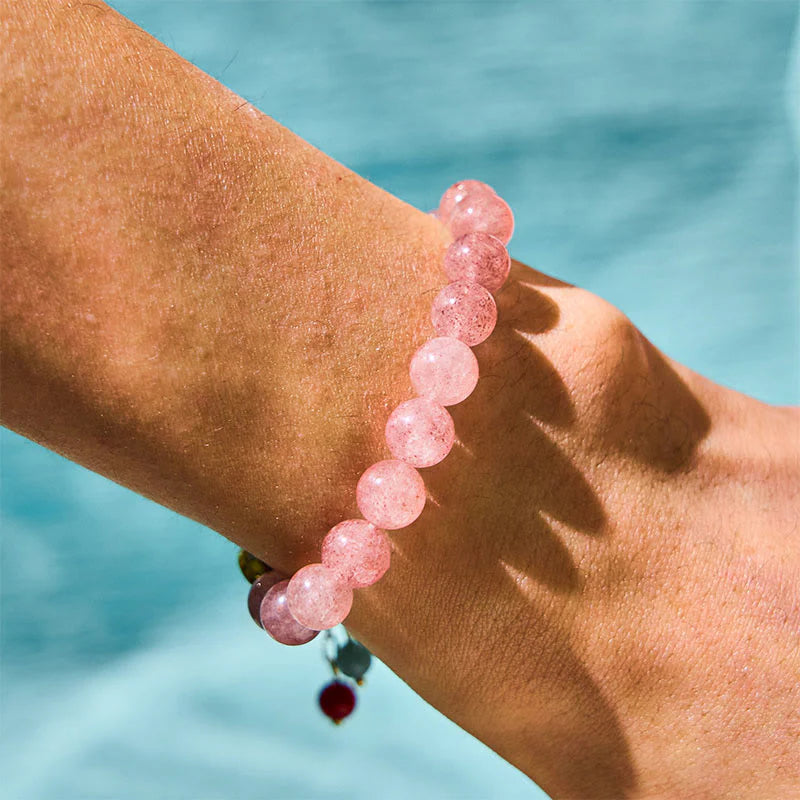 Buddha Stones Strawberry Quartz Jade Fu Character Charm Healing Bracelet