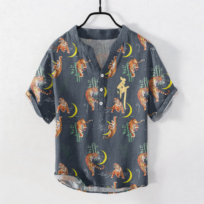 Buddha Stones Tiger Moon Bamboo Men's Short Sleeve Resort Shirt