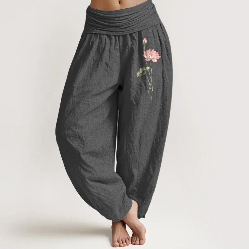 Buddha Stones Pink Lotus Flower Lotus Leaves Pattern Women's Elastic Waist Harem Pure Cotton Pants